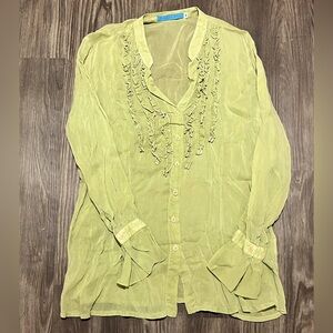 Johnny Was Tunic Blouse Top Green Tuxedo Ruffle Henley Long Sleeve